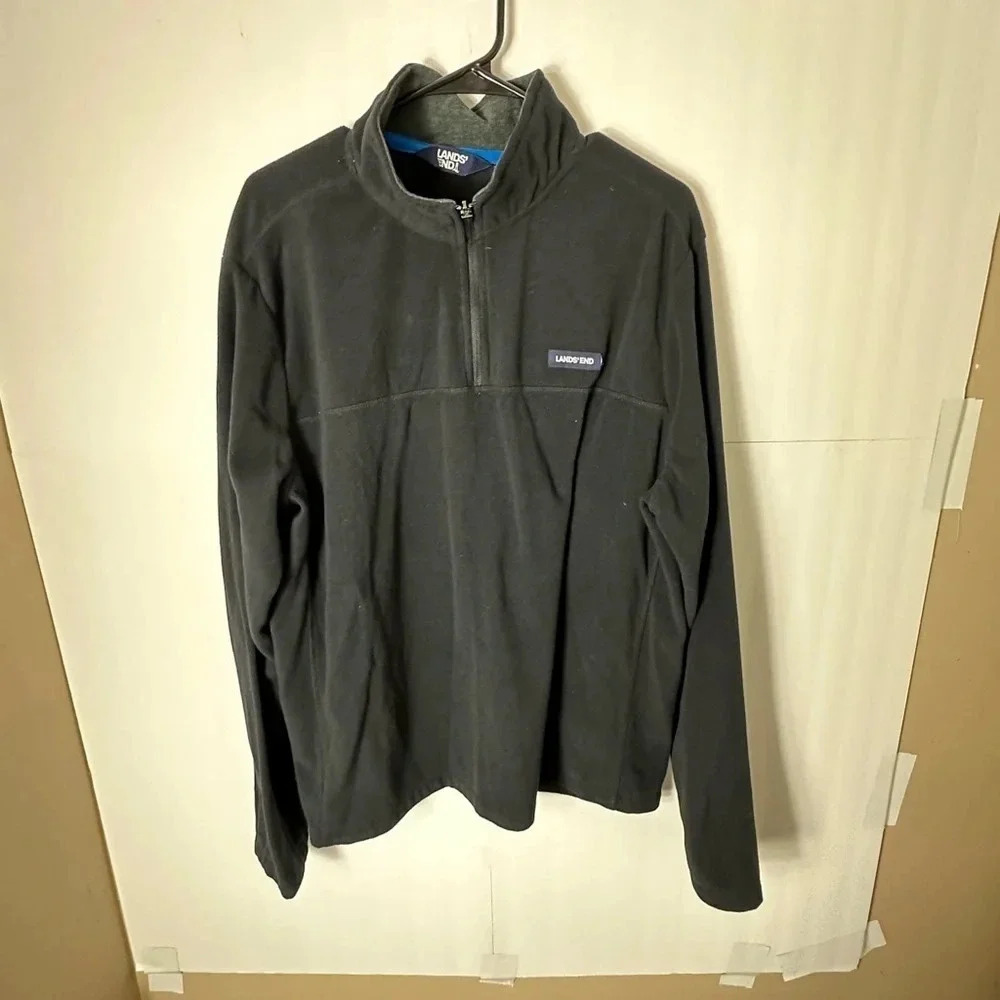 Lands End Fleece Pullover Shirt Mens Size XL Long Sleeve 1/4 Zip Black